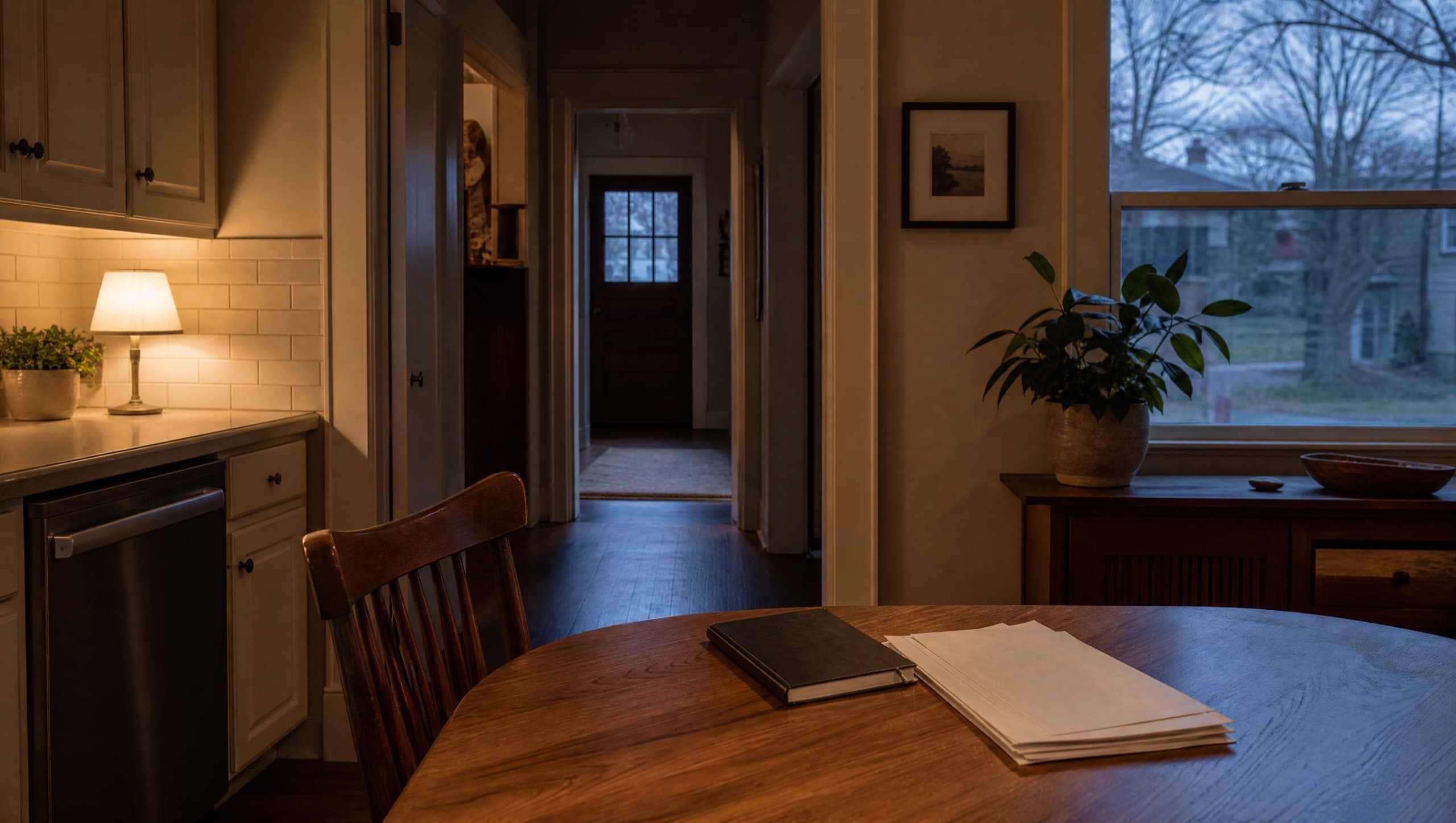 A quiet West Michigan home interior at early morning — a notebook and property papers on the kitchen table