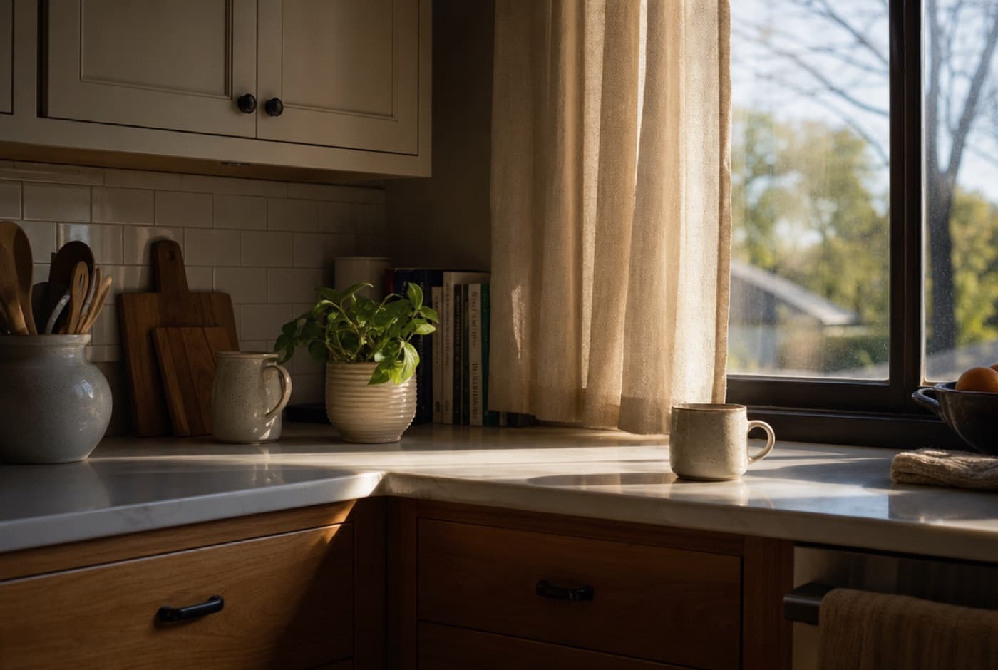 Warm kitchen window light in a quiet Michigan home
